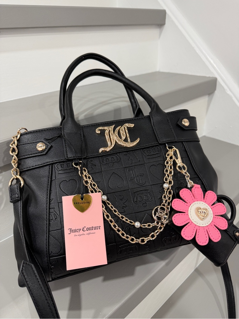 Juicy Couture Black Satchel with Pink Flower Charm and Gold Chain